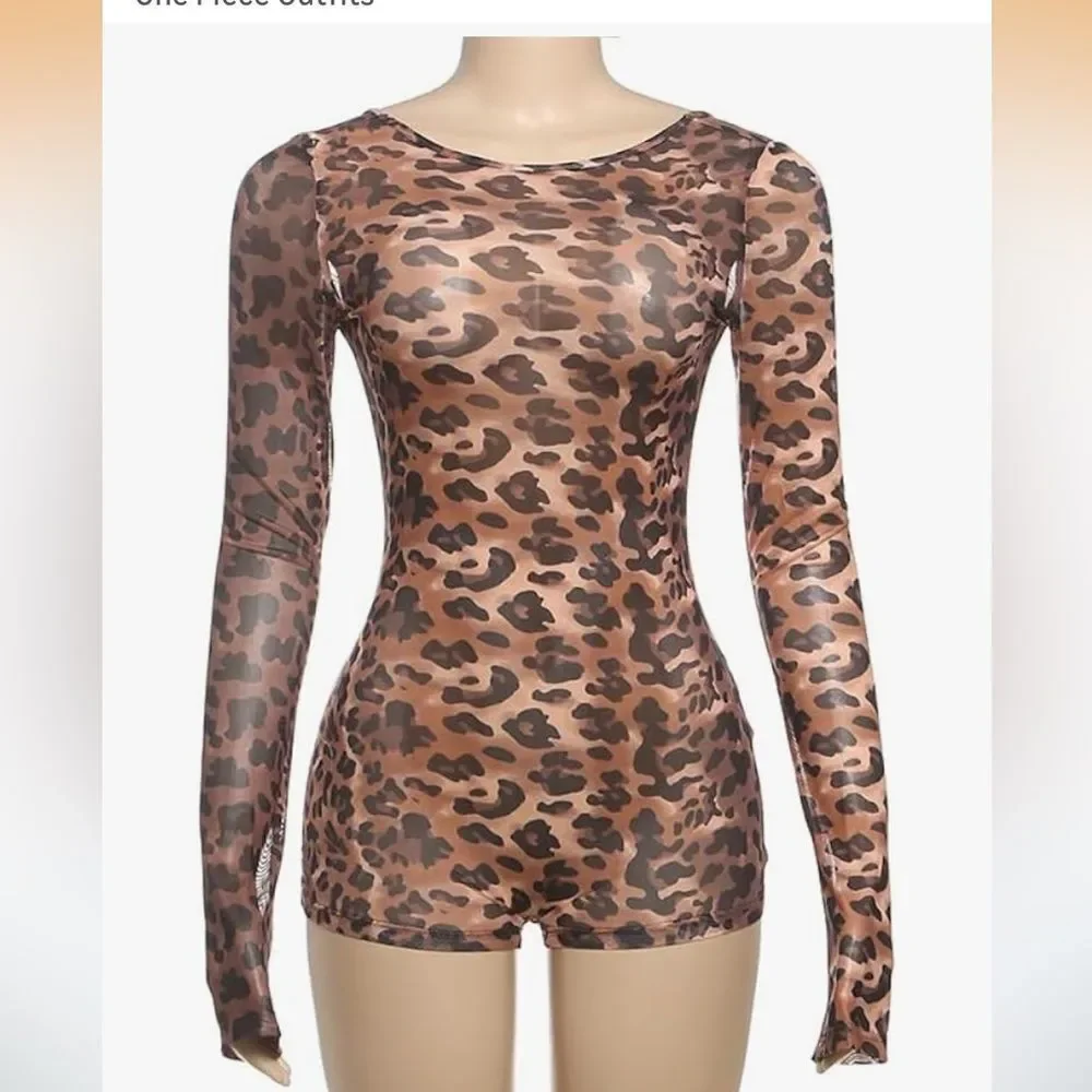 Backless‎ Jumpsuits Cheetah Print Romper Bodycon Jumpsuit Long Sleeve Crew Neck
